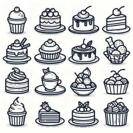 Cake icons set. Black and white vector illustration for graphic and web design.