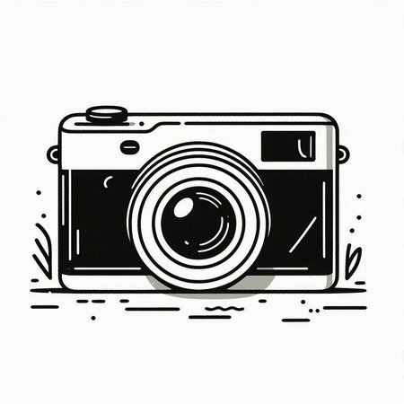 Retro camera isolated on white background. Vector illustration in sketch style.の写真素材