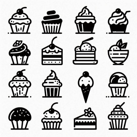 Cupcake doodle icon set isolated on white background.