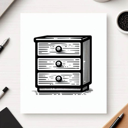 Top view of modern workspace with mock up sketch of wooden chest of drawers. Flat lay, top view.の写真素材