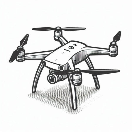 Drone with camera on a white background. Vector illustration in sketch style.