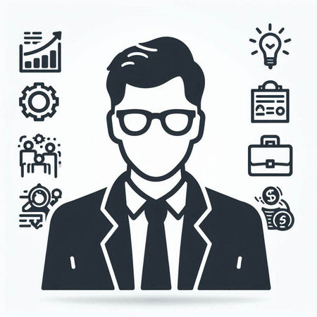Businessman with glasses and business icons. Vector illustration. Eps 10の写真素材