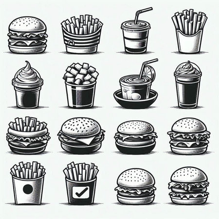 Set of fast food icons. Hand drawn vector illustration in vintage style.