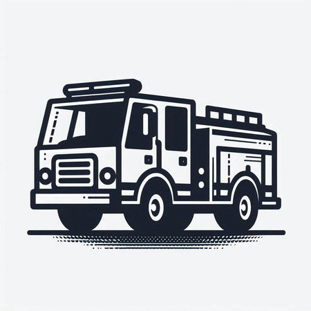 Fire truck vector illustration, isolated on white background. Black and white.