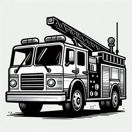 Fire truck vector illustration. Hand drawn firetruck with crane.