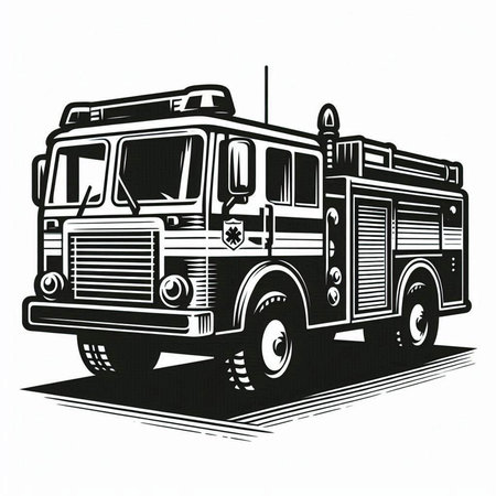 fire truck on a white background, vector illustration, monochrome