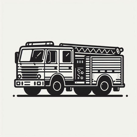 Fire truck. Black and white vector illustration isolated on white background.