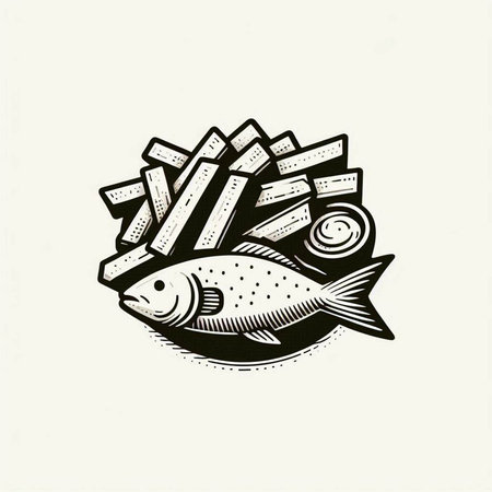 Illustration of a fresh fish with french fries in vintage style.
