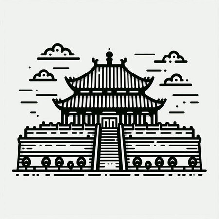 Temple line art vector illustration. Outline Chinese architecture icon.の写真素材