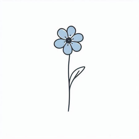 Simple hand drawn doodle of a blue flower isolated on white backgroundの写真素材