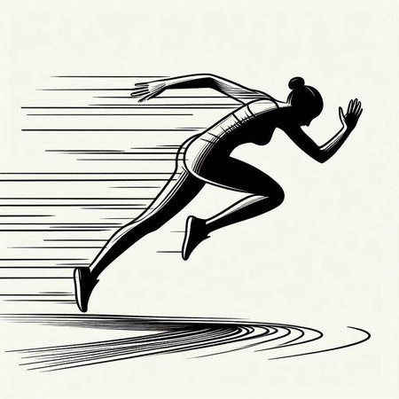 Running woman, vector illustration in black and white colors, side view