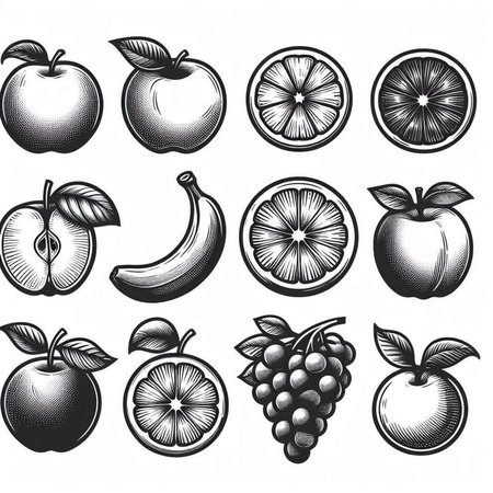Set of hand drawn fruits. Vector illustration. Black and white.の写真素材