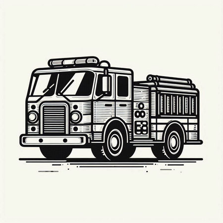 Fire truck isolated on white background. Vector illustration in vintage style.