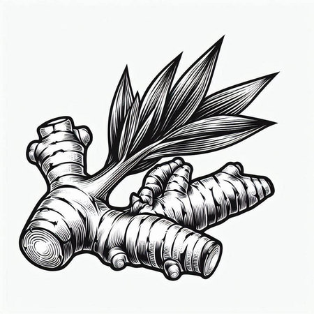Ginger root. Hand drawn vector illustration in engraving style.