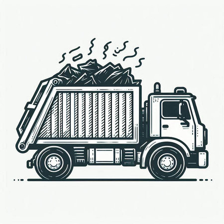 Garbage truck. Black and white vector illustration in retro style.の写真素材