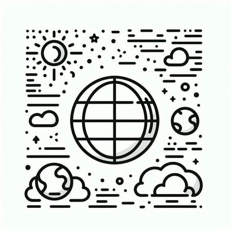 Linear vector illustration of the concept of the global network. Thin line icons of the globe, sun, clouds, stars, sun.の写真素材