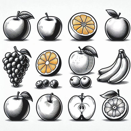 Set of fruit icons. Black and white hand drawn vector illustration.