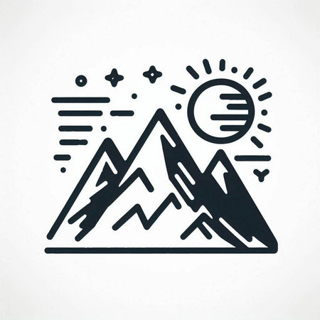 Mountains and sun icon in doodle style. Vector illustration.