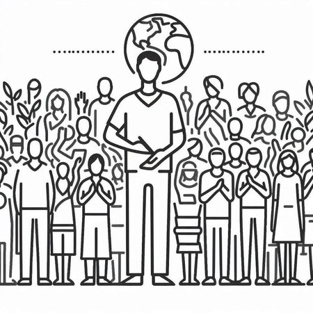 Group of people with globe and hands up. Hand drawn vector illustration.