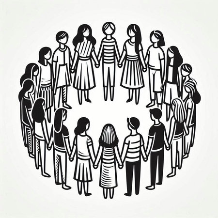 Group of people in circle. Black and white hand drawn vector illustration.