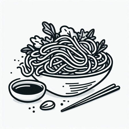 Noodles with chopsticks and soy sauce. Hand drawn illustration.