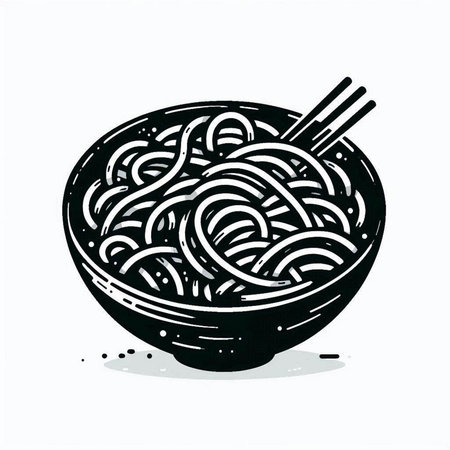 Noodles in bowl on white background. Hand drawn vector illustration.