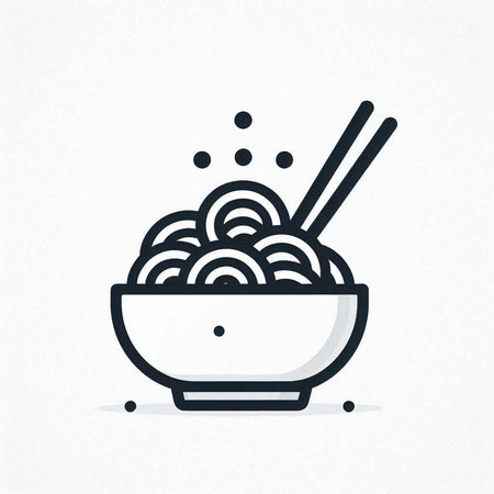 Noodles in bowl with chopsticks icon. Vector illustration.
