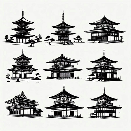 Vector set of chinese buildings. Black and white design elements.の写真素材