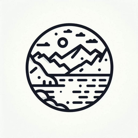 mountain and lake icon in thin line style. vector illustration.の写真素材