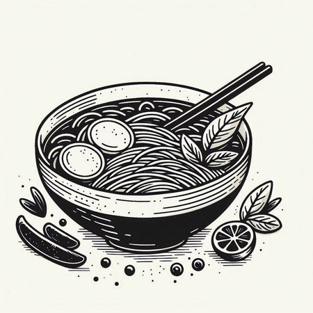 Noodles in bowl with chopsticks. Hand drawn vector illustration.