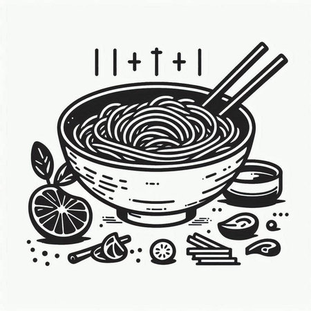 Noodles in bowl with chopsticks. Hand drawn vector illustration.