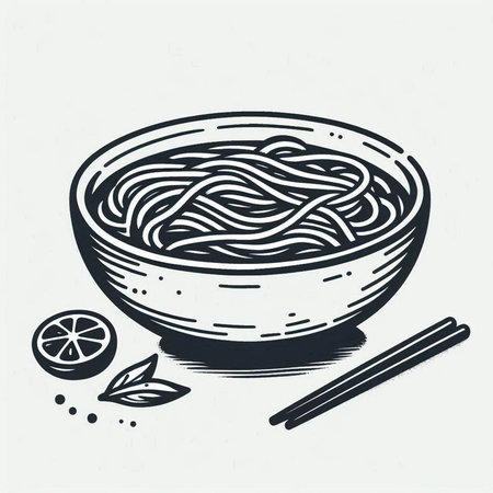 Noodles in bowl with chopsticks. Hand drawn vector illustration.