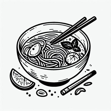 Noodles in bowl with chopsticks. Hand drawn vector illustration.
