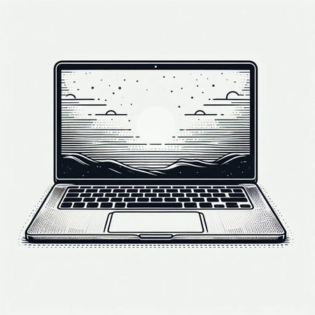 Laptop with sun and mountains on the screen. Vector illustration.