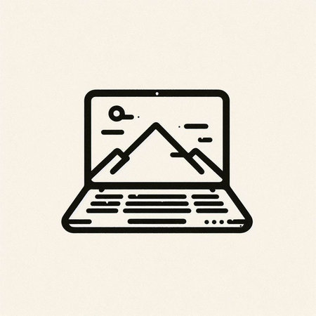 Laptop with mountains on screen. Line art vector icon for web and mobile apps