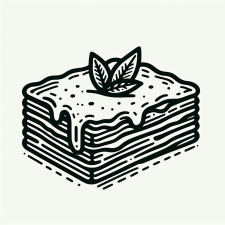 Piece of cake with mint leaves. Hand drawn vector illustration.