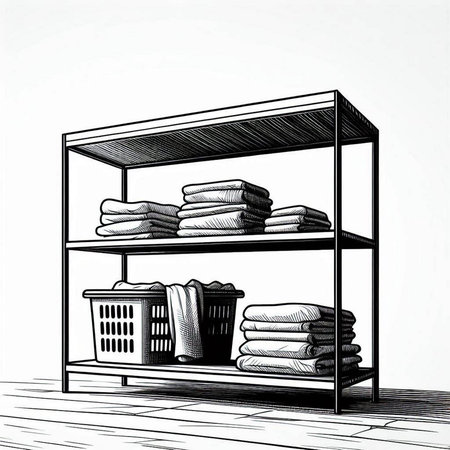 Illustration of a shelf with towels and a basket of clothes.