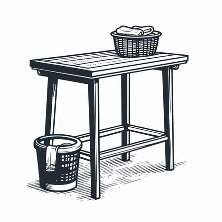 Laundry basket on wooden table. Hand drawn vector illustration.