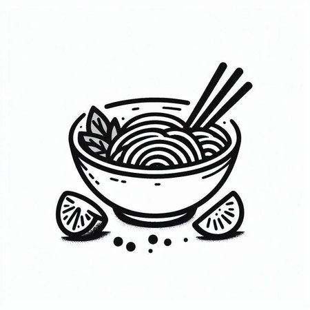 Illustration of a bowl of noodles with chopsticks and lemon.