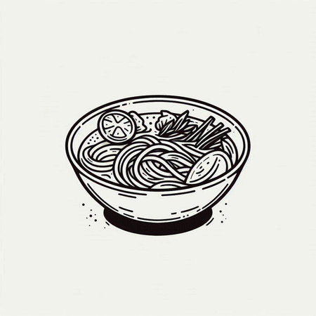Hand drawn noodle soup in a bowl. Vintage vector illustration.