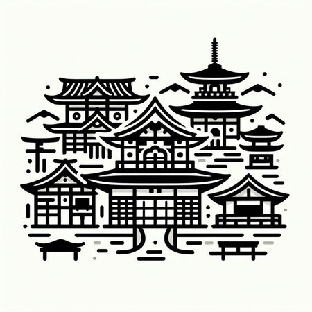 Traditional japanese buildings. Vector illustration. Black and white.