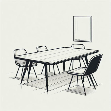 Wooden table and chairs in the office. Hand drawn vector illustration.