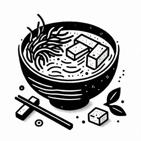 Illustration of a bowl of miso soup with tofu and soy sauce
