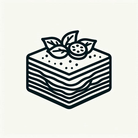 Piece of cake with berries and mint. Vector illustration in outline style.の写真素材