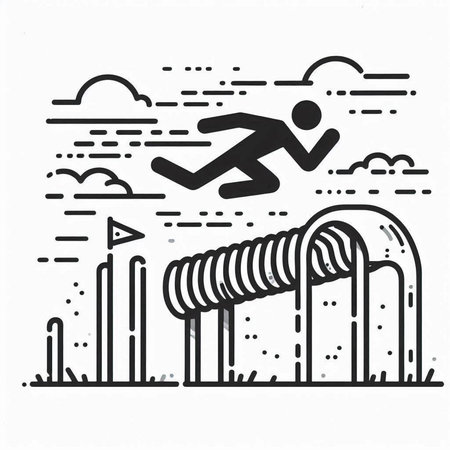Hand drawn vector illustration of a man jumping over a hurdle in a park.