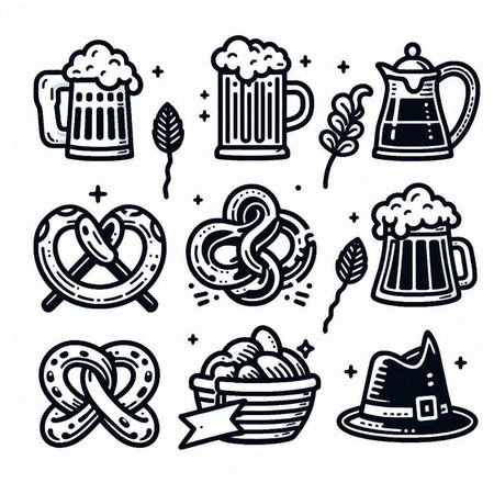 Set of hand drawn Oktoberfest symbols. Beer, pretzel, lager, mug, wheat, hop. Vector illustration.の写真素材