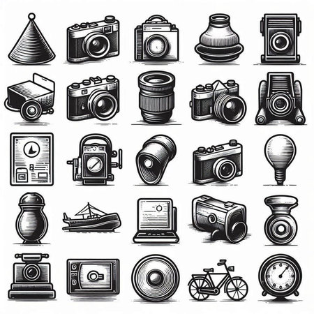 Vintage photo and video camera icons set. Hand drawn vector illustration