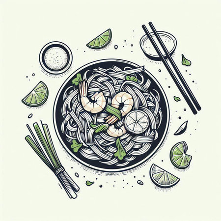 Noodles with shrimps and lime in a bowl. Hand drawn vector illustration.