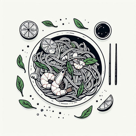 Noodles with shrimps and lime. Hand drawn vector illustration.