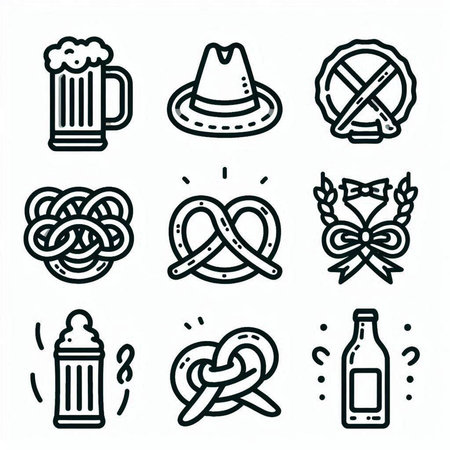 Oktoberfest line icons set. Beer, pretzel, beer, oktoberfest hat, beer bottle, pretzel. Beer festival elements. Vector illustrationの写真素材